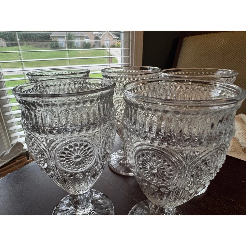 Pioneer Woman Adeline Goblets Set Of 5 Clear 12 Oz Embossed Floral Pressed Glass